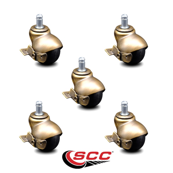2 Inch Antique Brass Hooded Grip Ring Ball Casters with Brakes SCC, 5PK